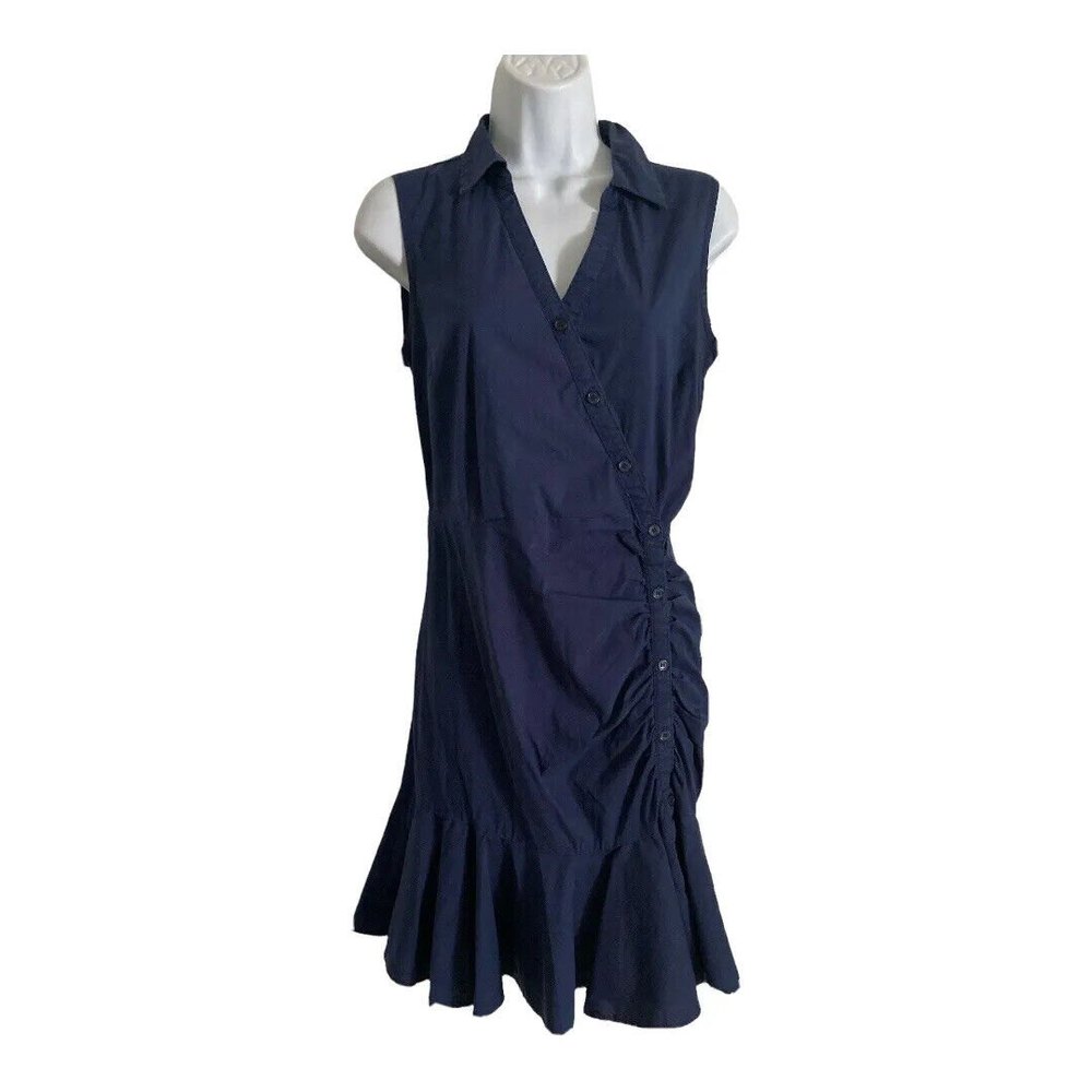 Venus Sleeveless Ruched Front Ruffle Hem Cotton Dress size 2 Navy Blue